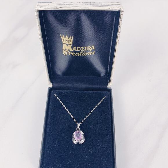 VTG Signed HMS Sterling Silver Necklace and Amethyst Pendant in Box 1970s 1980s - Picture 8 of 15